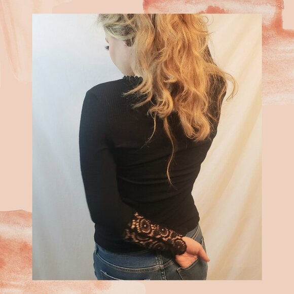 Black Ribbed Fitted Half Lace Long Sleeve Tee - Picture 3 of 3